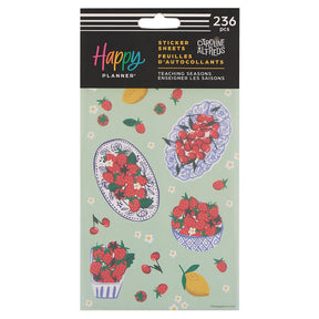 Happy Planner Teaching Seasons Sticker Pack illustrated by Caroline Gardner with floral and fruit designs on a light green background.