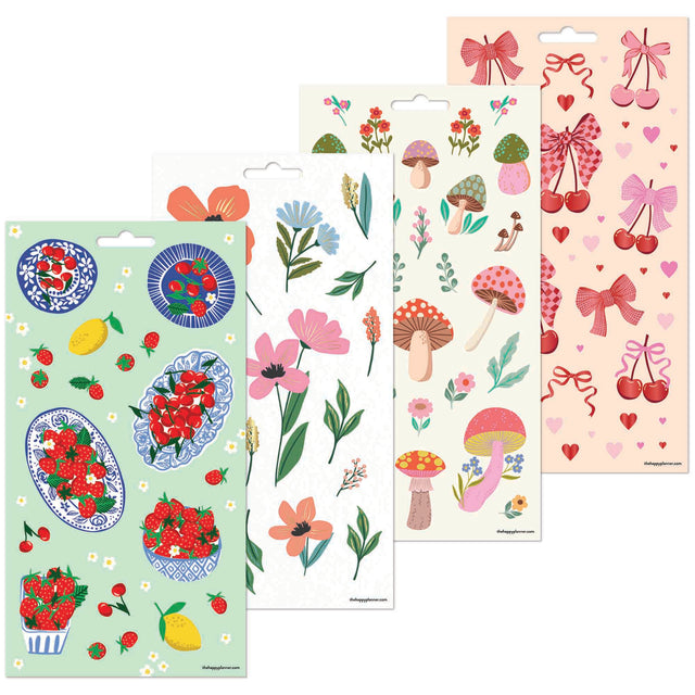 Set of colorful sticker sheets with various designs on a white background