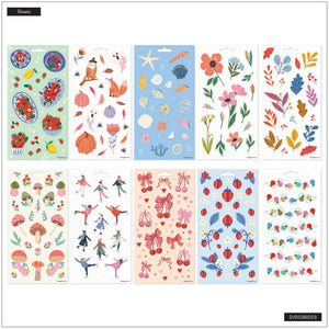 Collection of colorful sticker sheets on a white background