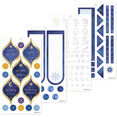 Happy Planner Star Signs Big Sticker Book of blue and gold decorative items with star and moon designs on a white background