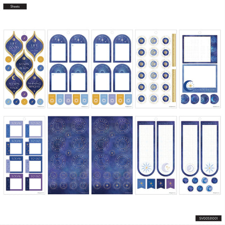 Happy Planner Star Signs Big Sticker Book of blue and gold decorative elements on a white background
