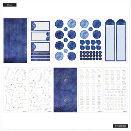 Collection of blue-themed planner stickers on a white background