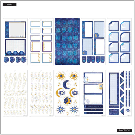 Collection of blue and white decorative sheets with various patterns on a white background.