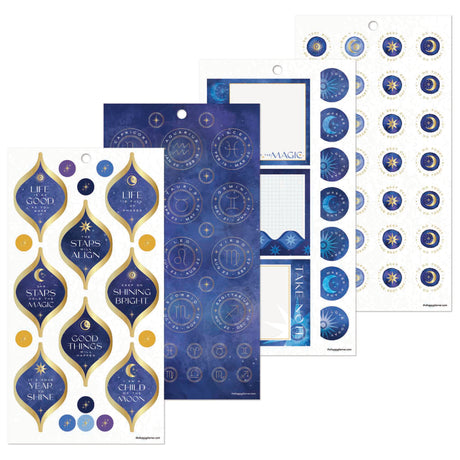 Happy Planner Star Signs Classic Sticker Book collection of blue and gold decorative stickers with celestial designs on a white background.