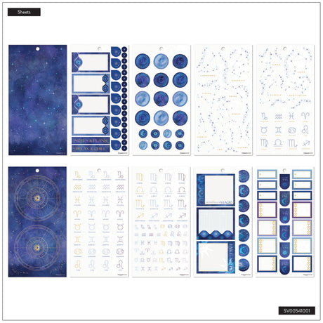 Collection of blue and white planner stickers on a white background
