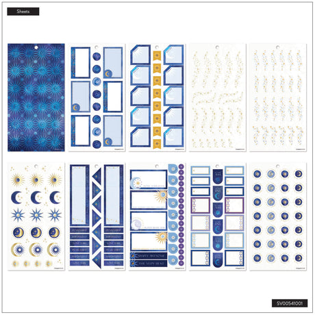 Zodiac collection of blue and white planner stickers on a white background