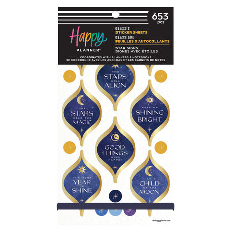Happy Planner Star Signs Classic Sticker Book with celestial designs and text on a white background