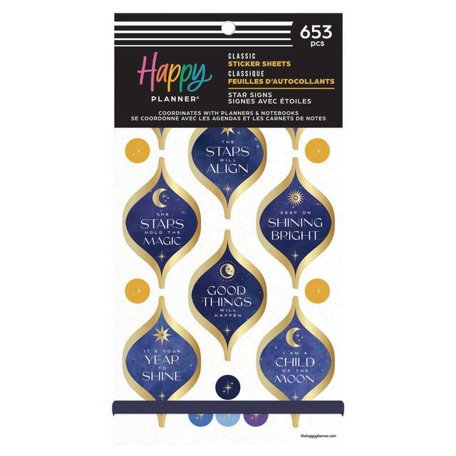 Happy Planner Star Signs Classic Sticker Book with celestial designs and text on a white background
