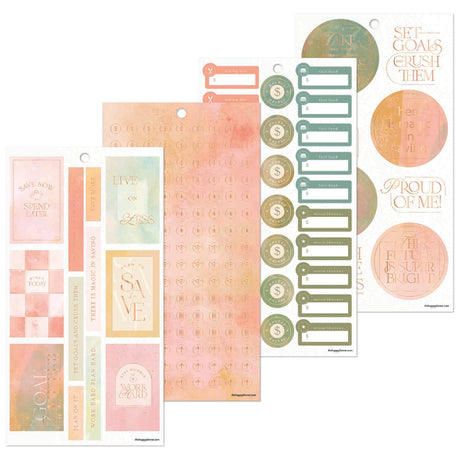 Collection of decorative planner stickers with motivational phrases on a white background