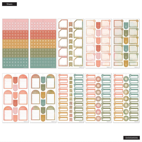 Set of colorful planner stickers with various designs on a white background