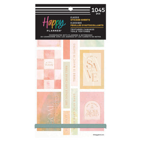 Happy Planner Textured Budget Classic Sticker Book with colourful stickers on a white background