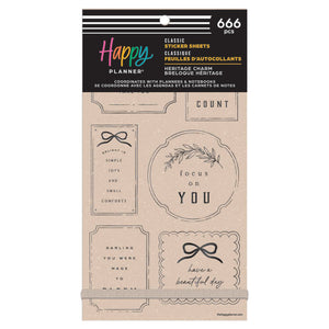 Happy Planner Heritage Charm Classic Sticker Book with decorative text and graphics on a white background