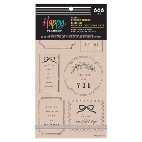 Happy Planner Heritage Charm Classic Sticker Book with decorative text and graphics on a white background