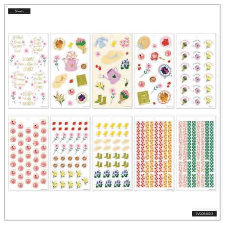 Collection of colorful sticker sheets on a white background