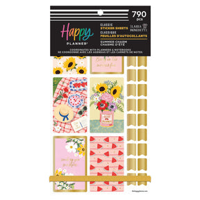 Happy Planner Summer Charm Classic Sticker Book with various designs and text on a white background
