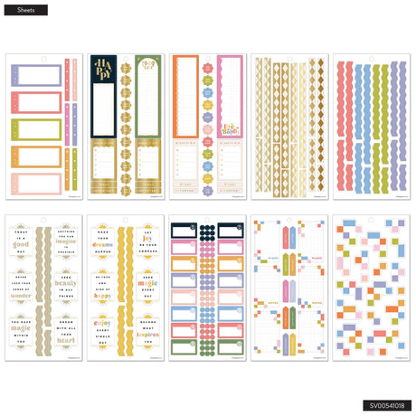 Collection of colorful planner stickers with various designs on a white background