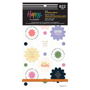 Happy Planner Pop Splash Mini Sticker Book with colourful stickers on a white background