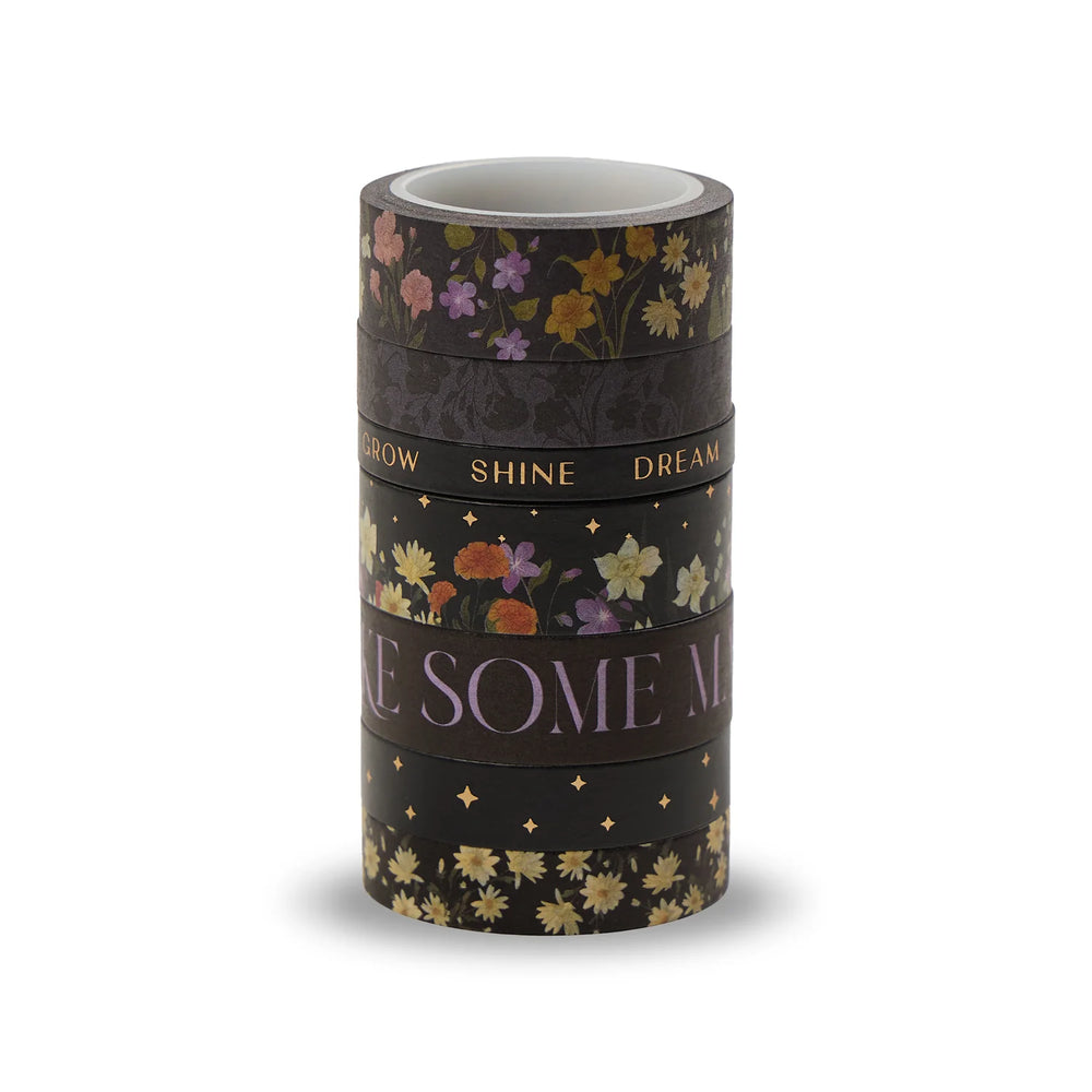 Happy Planner Dark Garden Washi Tape Set decorative tape rolls with floral designs and motivational phrases on a white background