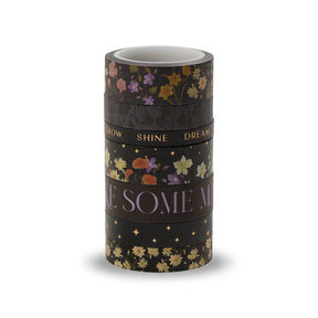 Happy Planner Dark Garden Washi Tape Set decorative tape rolls with floral designs and motivational phrases on a white background