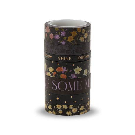 Happy Planner Dark Garden Washi Tape Set decorative tape rolls with floral designs and motivational phrases on a white background