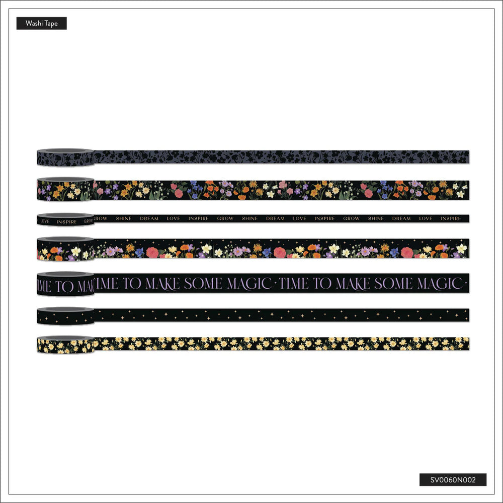 Happy Planner Dark Garden Washi Tapes with floral and text designs on a white background