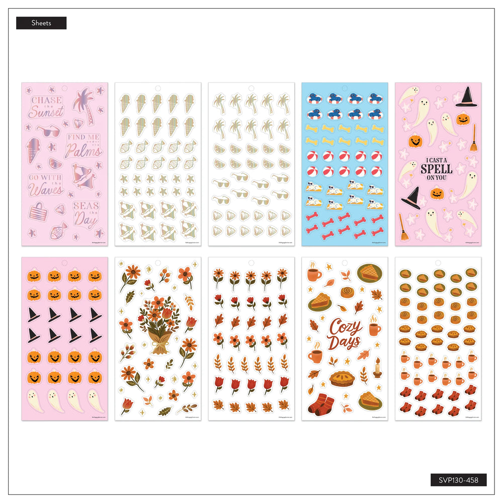 Collection of various sticker sheets with different designs on a white background