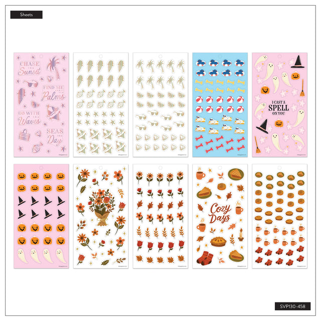 Collection of various sticker sheets with different designs on a white background