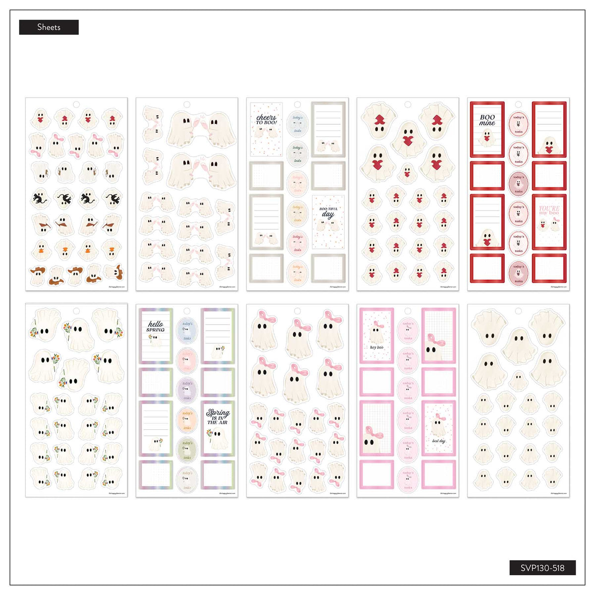Ghosty Season sticker sheets with white, red, pink and black ghosts, boxes and labels