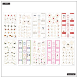 Ghosty Season sticker sheets with white, red, pink and black ghosts, boxes and labels
