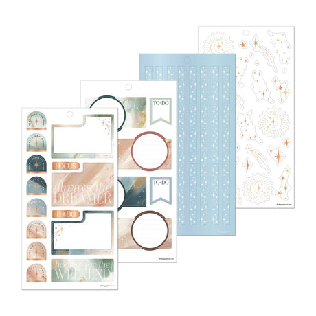 Starlit Glow sticker sheets with stars, sunbursts and labels in blue, cream and peach