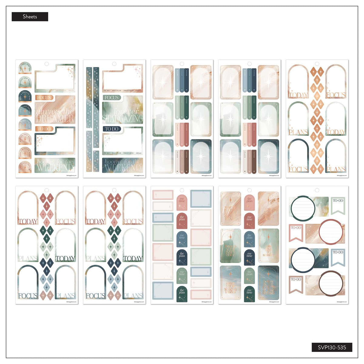 Starlit Glow pastel sticker sheets with boxes, labels, arches and gemstone designs