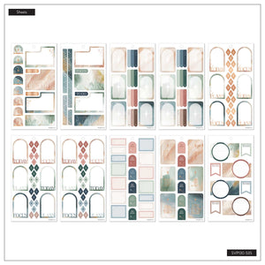 Starlit Glow pastel sticker sheets with boxes, labels, arches and gemstone designs