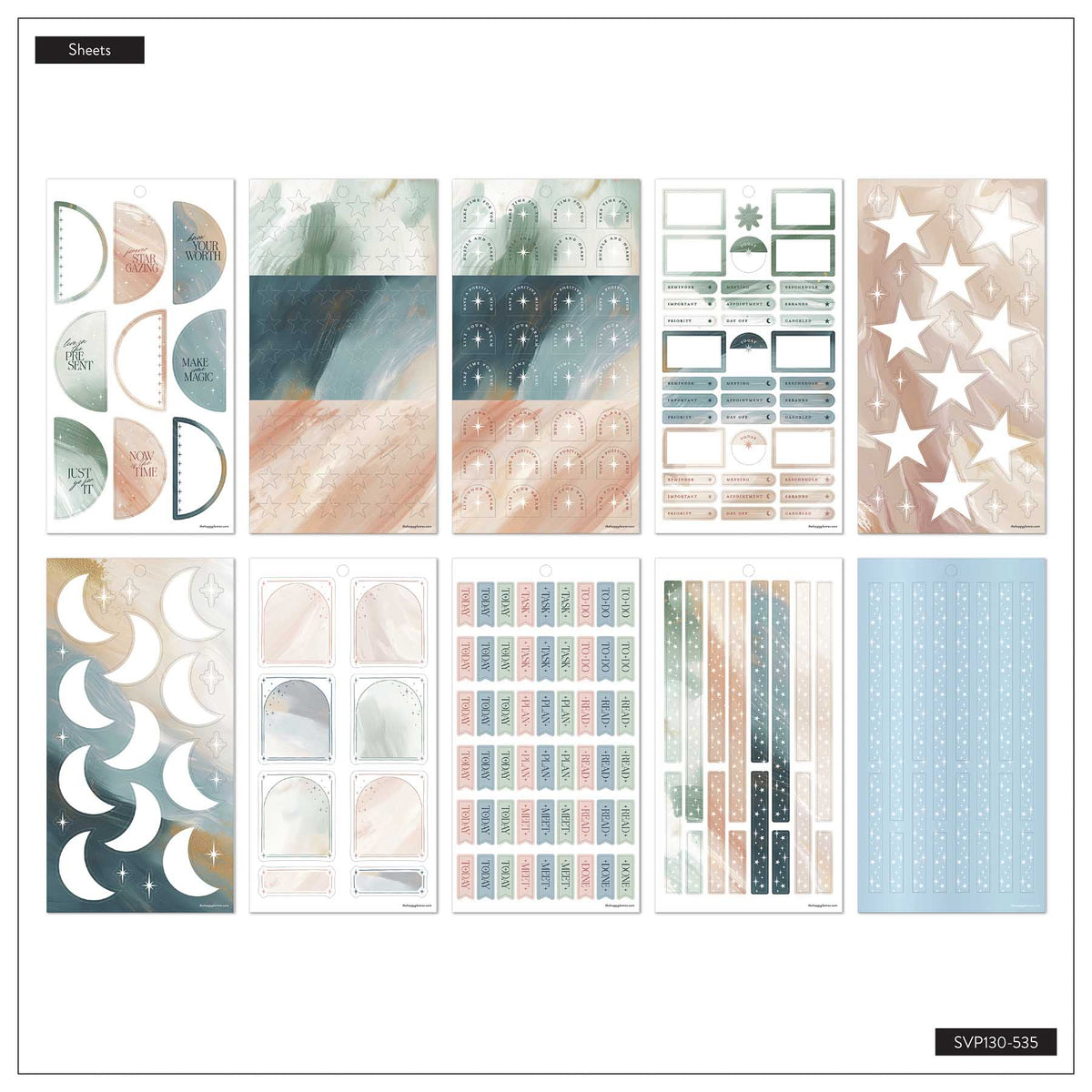 Starlit Glow sticker sheets with celestial designs, boxes and patterned strips