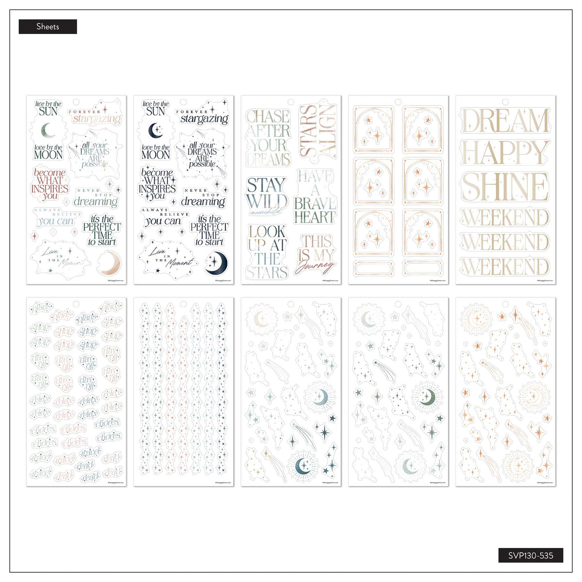 Starlit Glow sticker sheets with moons, stars, inspirational phrases and decorative designs