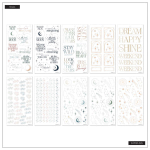 Starlit Glow sticker sheets with moons, stars, inspirational phrases and decorative designs