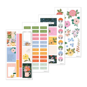 Petal Press sticker sheets with colourful florals, labels, boxes and functional designs