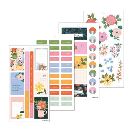 Petal Press sticker sheets with colourful florals, labels, boxes and functional designs
