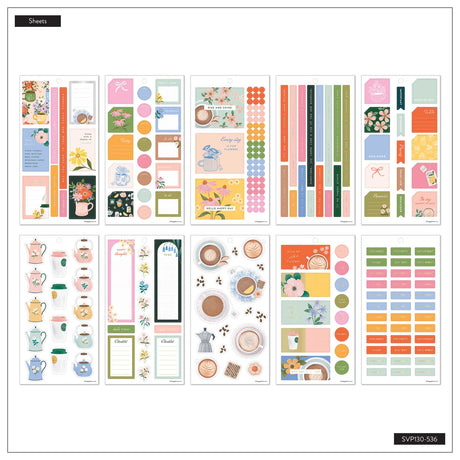 Petal Press sticker sheets with floral, coffee-themed and decorative designs