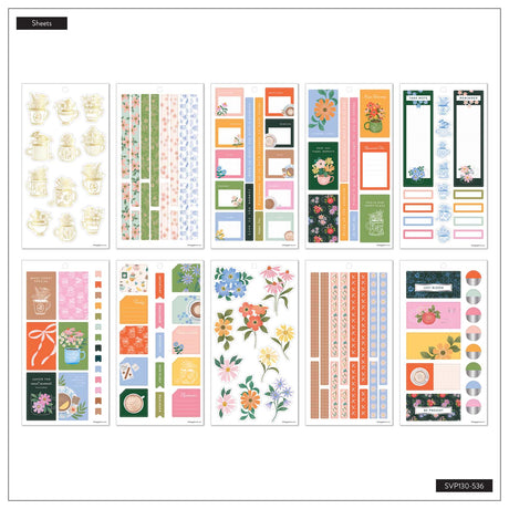 Petal Press floral sticker sheets with decorative boxes and colourful labels