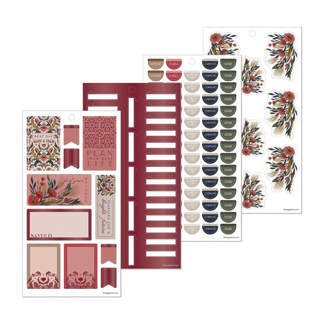 Twilight Tapestry sticker sheets with florals, labels, tabs and checklists in burgundy, blush and cream