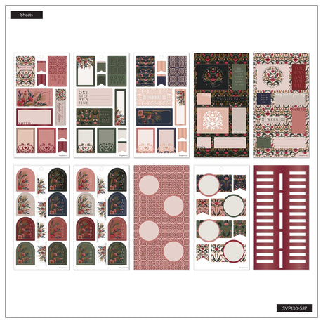 Twilight Tapestry sticker sheets with floral and paisley patterns, boxes, arches and circles