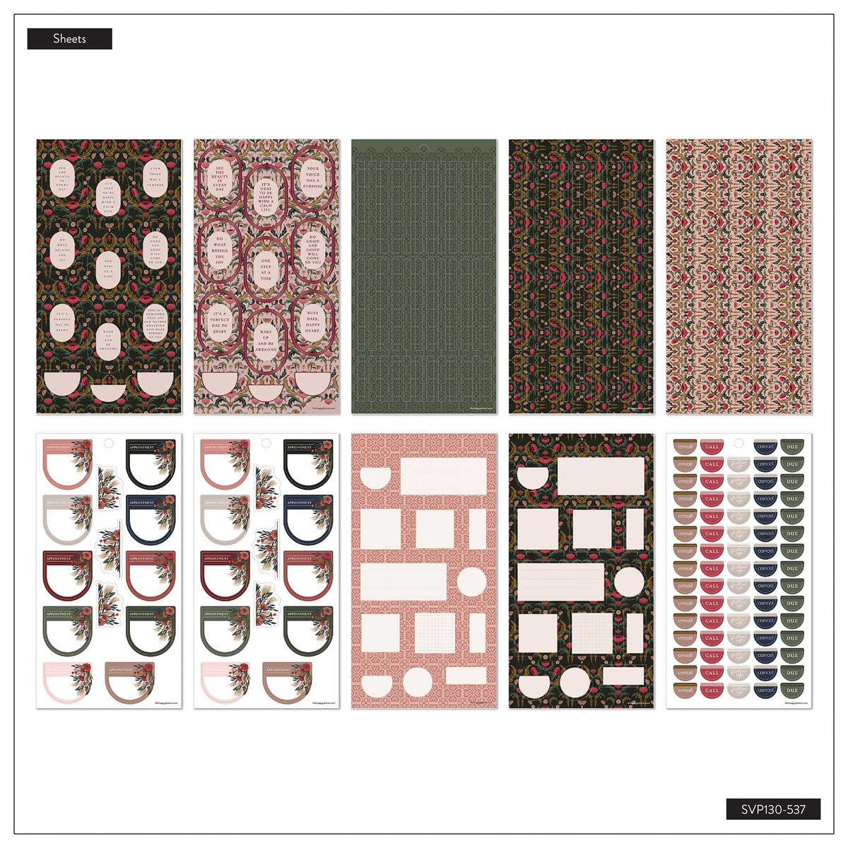 Twilight Tapestry patterned sticker sheets with colourful labels, boxes and circles