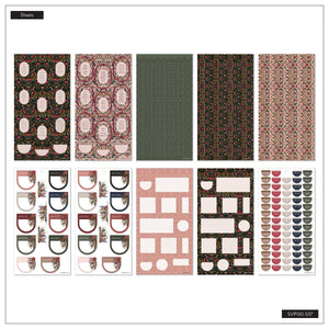 Twilight Tapestry patterned sticker sheets with colourful labels, boxes and circles