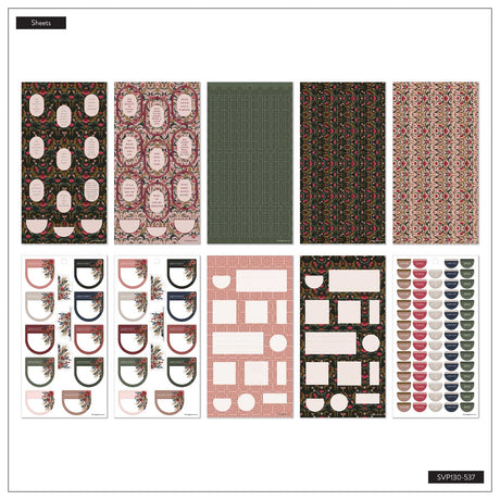 Twilight Tapestry patterned sticker sheets with colourful labels, boxes and circles