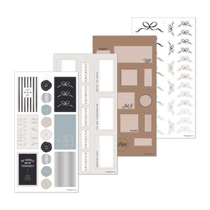 Haven & Heart sticker sheets with labels, icons, bows and circles in neutral colours