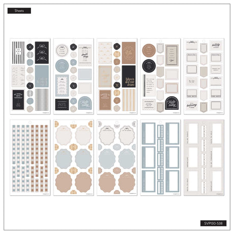 Haven & Heart sticker sheets with boxes, labels and decorative shapes in muted colours
