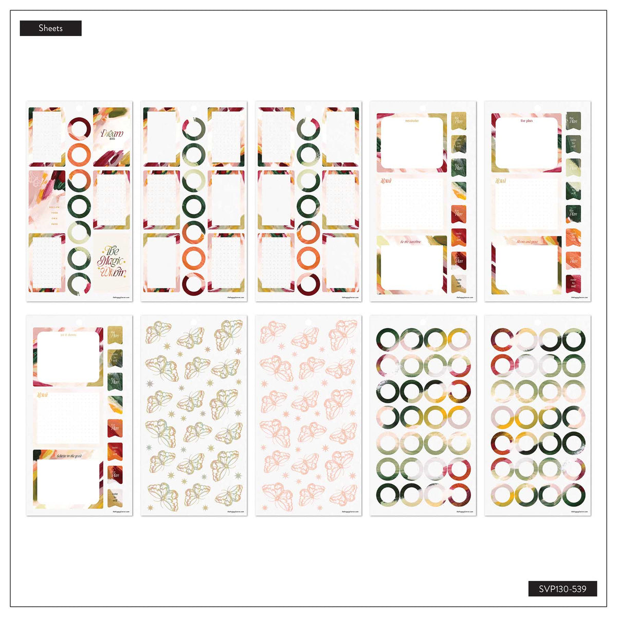 Abstract Autumn sticker sheets with autumn colours, circles, boxes and leaves