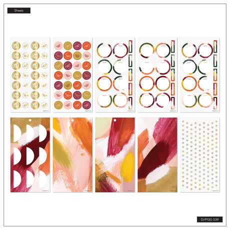 Abstract Autumn sticker sheets with circles, brushstrokes, geometric shapes and dots