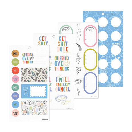 Pajama Plans sticker sheets with colourful quotes, planning labels, icons and patterned circles