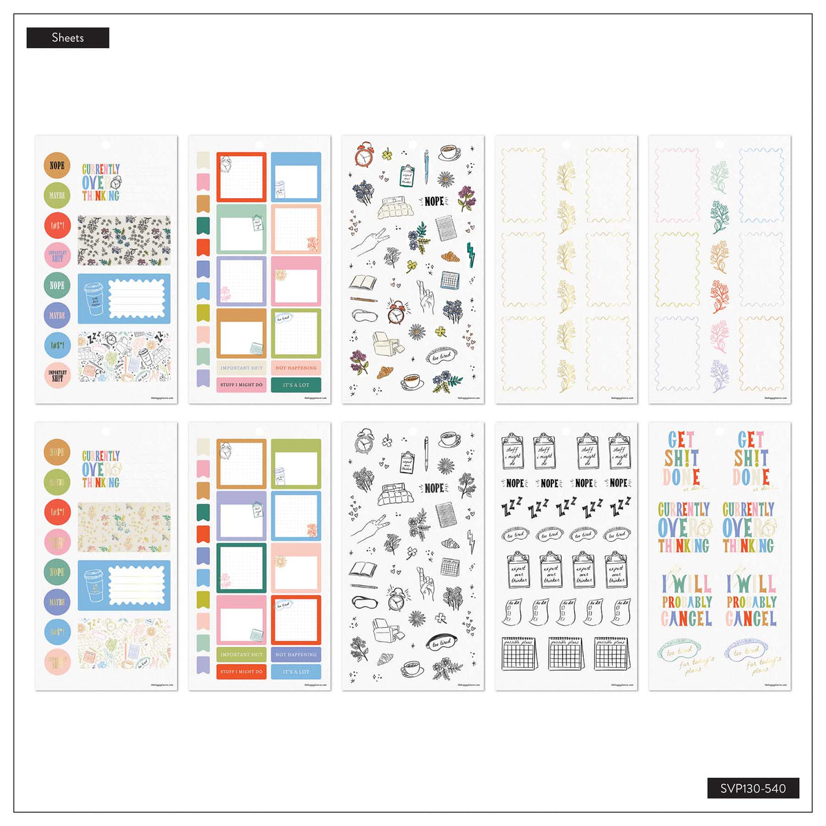 Happy Planner Pajama Plans sticker sheets with colourful boxes, quotes, labels and decorative icons